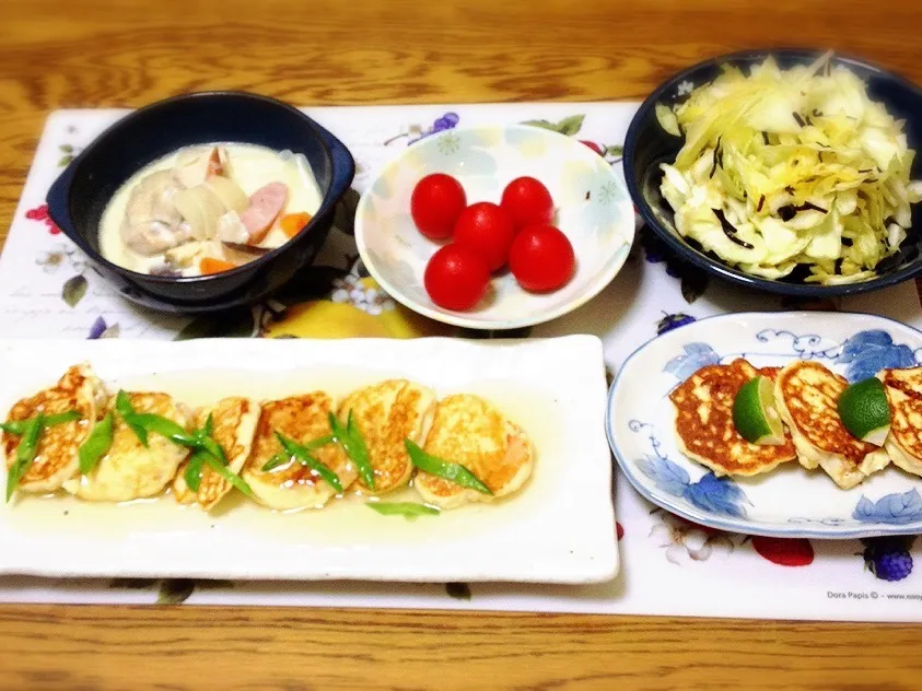 チキンクリームシチュー・プチトマト・塩昆布キャベツ・エビ入りふわふわ焼き豆腐(あんかけとあんなし)|美也子さん