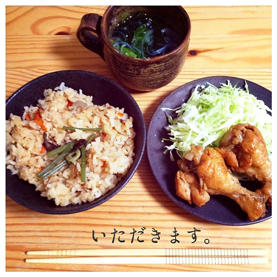 舞茸御飯、手羽元の甘酢煮、レタスと春雨の中華スープ|わかのさん