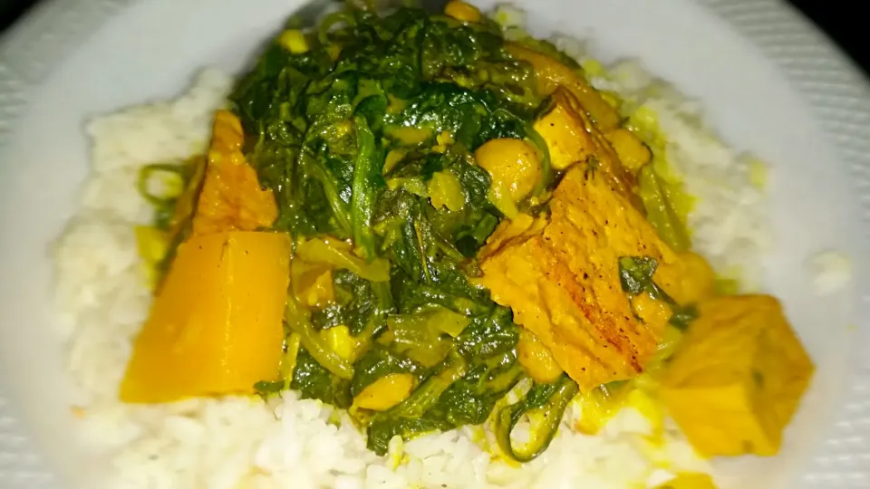 Coconut curry tofu with spinach and butternut squash on garlic ginger rice|Jayson Inkyoudown Flemingさん