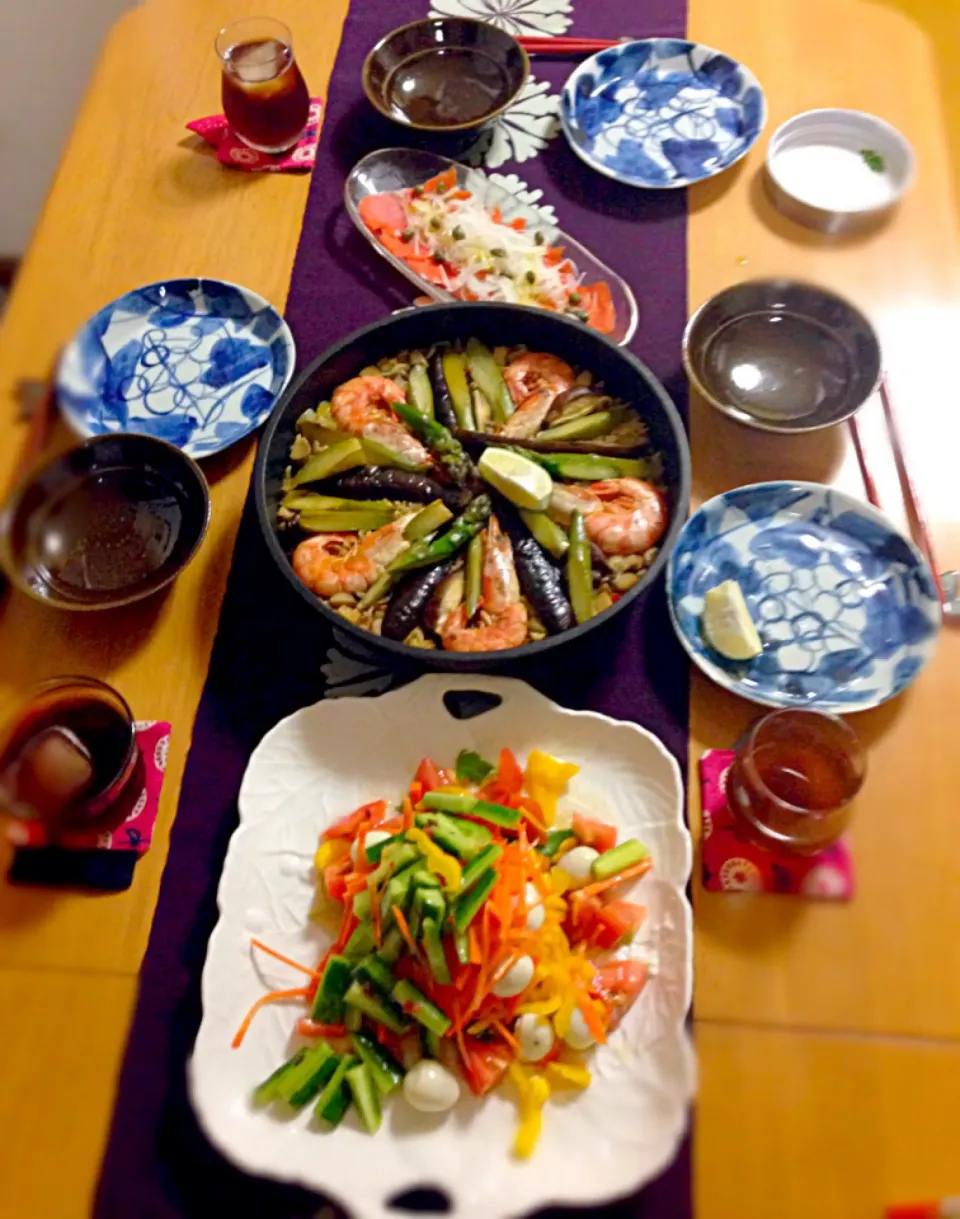 Paella, marinated salmon, quail Egg salad   パエリア、サーモンマリネ、うずら卵入りサラダ|kctreeさん