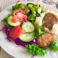 Salad, vegan breaded chicken, mashed potato, mashed potatoes with lentils, and brocolli and legumes