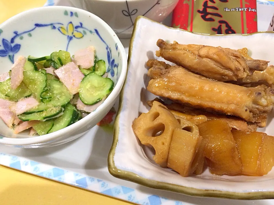 手羽先の甘辛煮、きゅうりとハムの酢の物|毎日ご飯さん