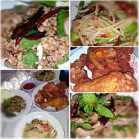 - Steamed glutinous rice.
- Papaya salad.
- Spicy minced pork.
- Sliced grilled beef salad.
- Fried Chicken.
🍚🍛🍜🍝🍱🍲🍴🍵🍶|Romchalee Treetodさん