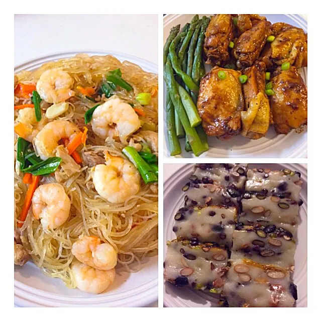 Korean style: stir fry noodle; baked chicken in black beans; semory (rice cake)|jennyさん