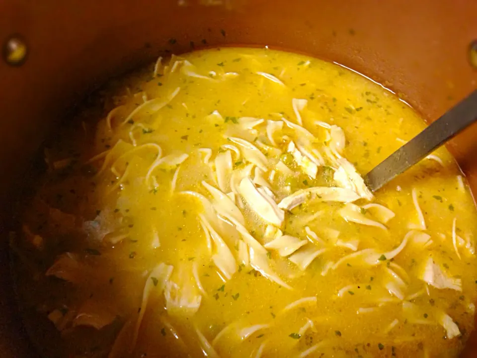 Pot of homemade chicken noodle soup|Elise Templetさん