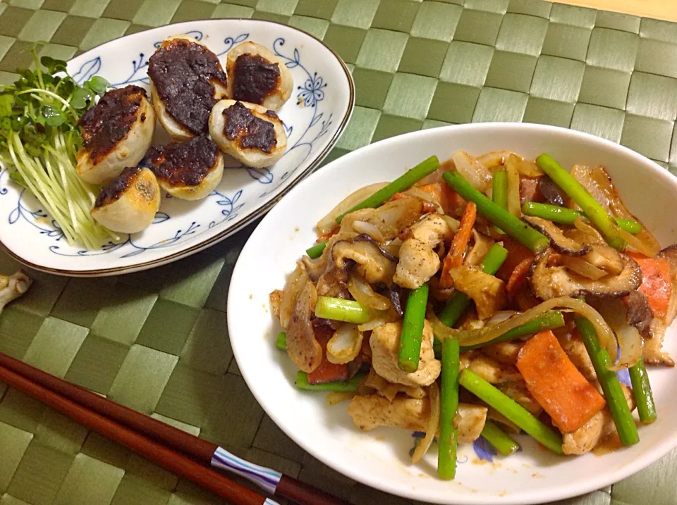 鶏肉とニンニクの芽の味噌炒めて＆里芋の味噌田楽|shozuuさん