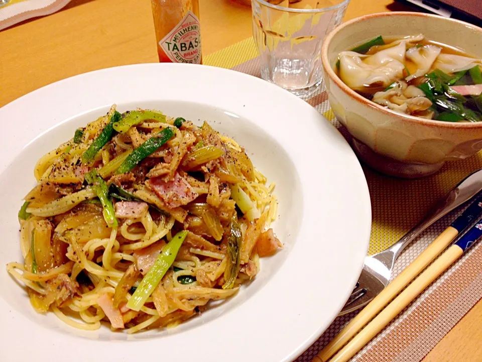 オイルサーディンと香味野菜・茹干大根のパスタ、ワンタンスープ|ねむねこさん