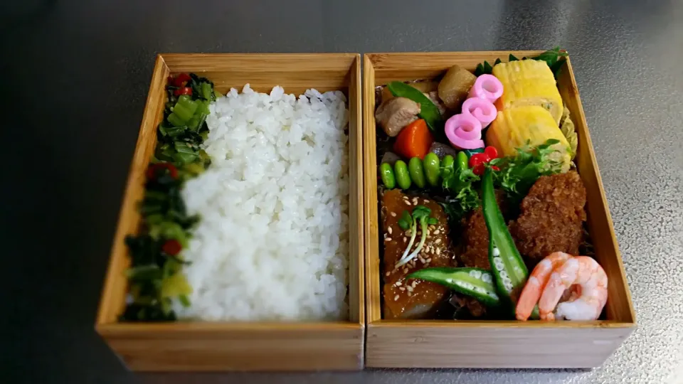 《木曜日のお弁当》🍱

・筑前煮
・だし巻き玉子
・ふろふき大根
・ソースカツ
・温野菜→オクラ、枝豆

行ってらっしゃい～♡|藤田 まり子さん