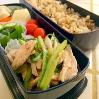 Snapdishの料理写真:Lunch Box. Boiled chicken & Cucumber with Ume Sauce , Okra , Sugar Tomato , Koya Tofu , Hijiki Fried Rice.|Marie.さん