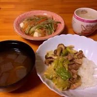 Snapdishの料理写真:電子レンジで作った肉野菜炒め、豆腐の野菜あんかけ、こんにゃく入り味噌汁|ろっくさん