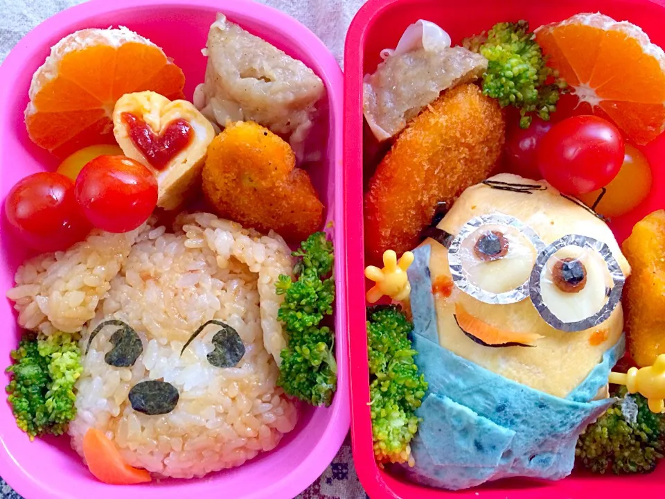 Lunch box☆Dog🐶ﾍﾟｺちゃんの仲良しの仔犬･ﾄﾞｯｸﾞ&Minions<Dave or Donnie>🍌ﾐﾆｵﾝ...ﾃﾞｲﾌﾞかﾄﾞﾆｰ⁇|🌈Ami🍻さん