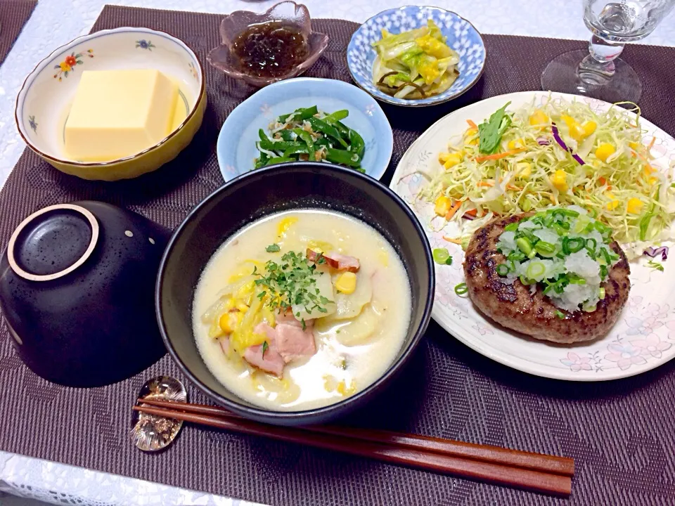 和風ハンバーグと野菜のクリームスープ|まゆさん