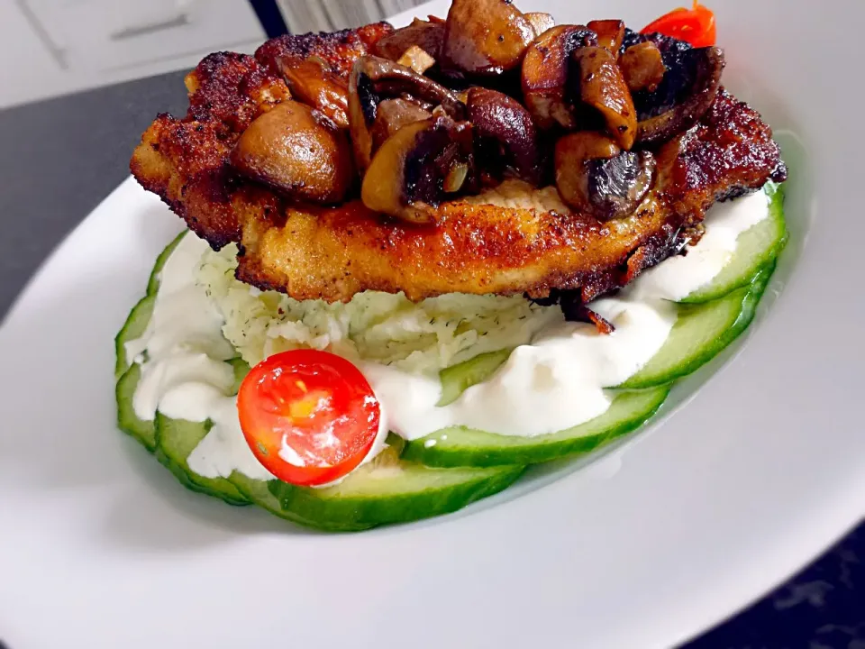 traditional polish dish. pork chops with cucumber and yoghurt dressing and dill mashed potato.|Grzegorz Rydzewskiさん