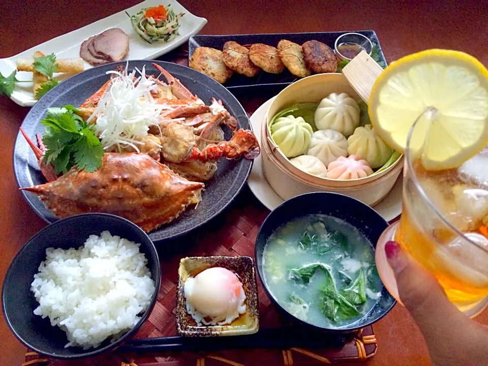 Snapdishの料理写真:Today's Dinner🍴前菜･蘿蔔糕･包子･粉絲蟹煲･蛋花湯(ほうれん草と卵のｽｰﾌﾟ)|🌈Ami🍻さん