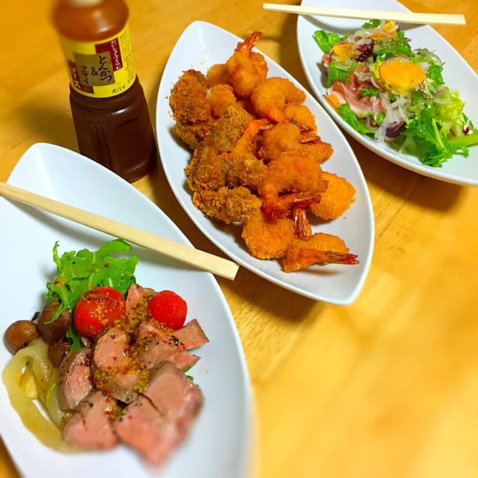 Kaki fry, ebi fry and salads|Laarni Nabongさん