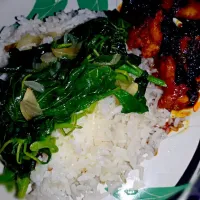 rice + vegetable + fries chicken + ketchup sauce

nasi + sayur bayam + ayam goreng + sambel kecap

 #sambelkecapresepmama|wulandikaさん