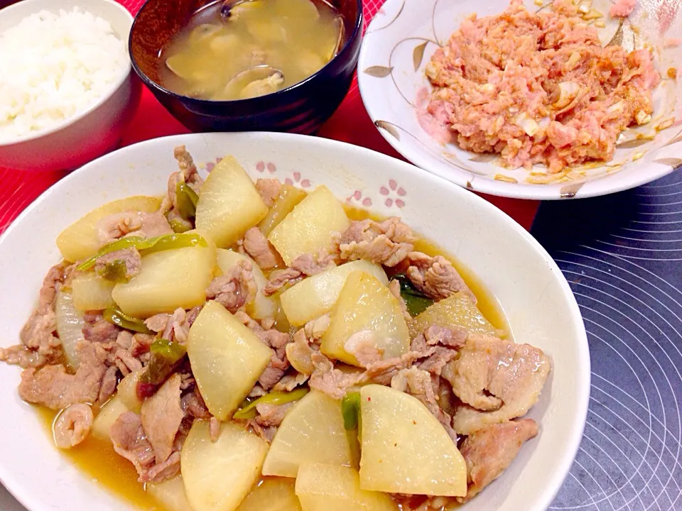 20141019 今日の夕ごはん CookDo今日の大皿 豚バラ大根＆ねぎとろ＆あさりのみそ汁|ponnaoさん