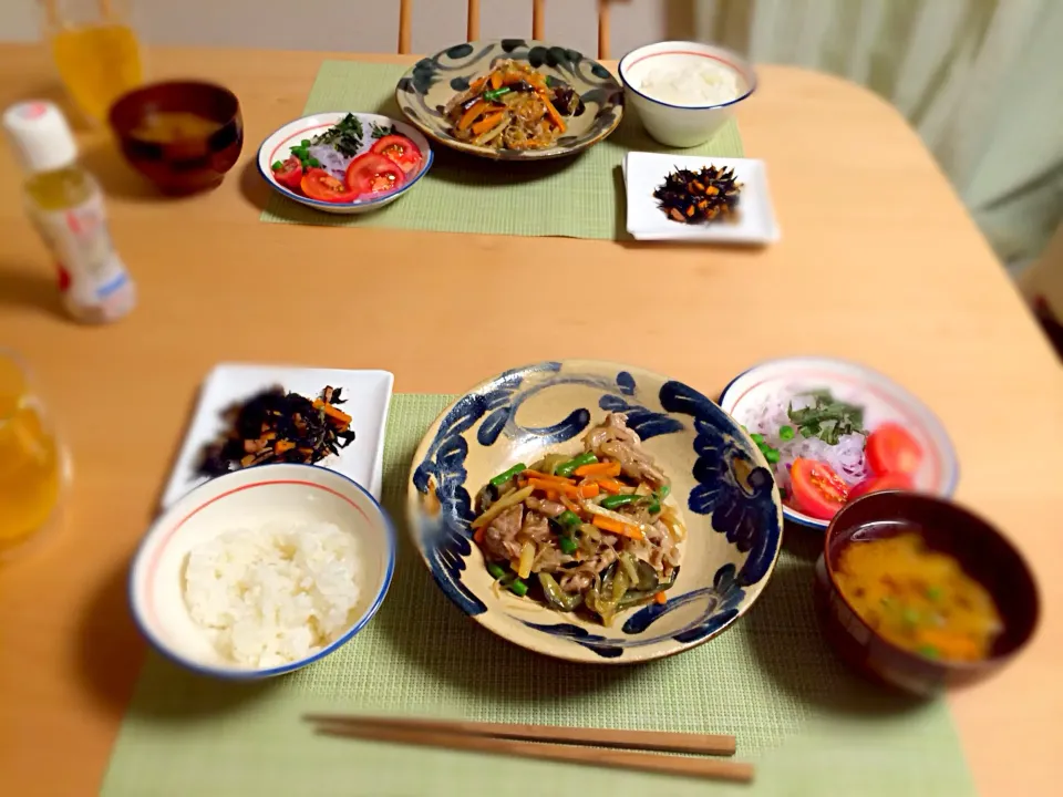 豚と野菜の春雨炒め、紫玉ねぎのサラダ、味噌汁|ひろみさん