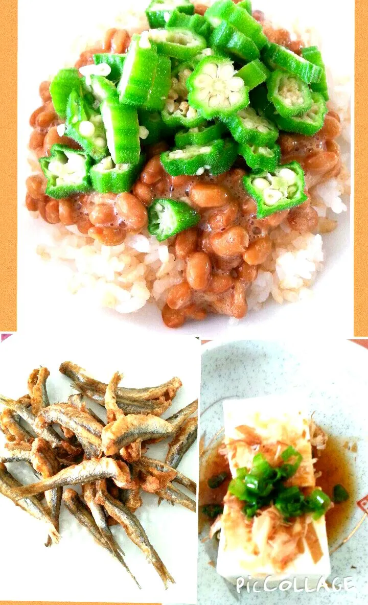 納豆とオクラ#豆腐#いわしのからあげ 昼御飯//fermented soybeans top w/okra#tofu#deep fried fish#lunch@Miki's House|Miki Jorierose Obispoさん