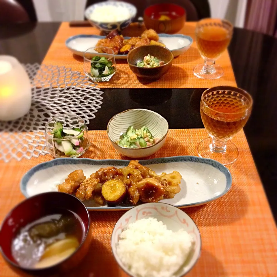 鶏肉と蓮根とサツマイモの甘酢炒め(*^^*)|青い空さん