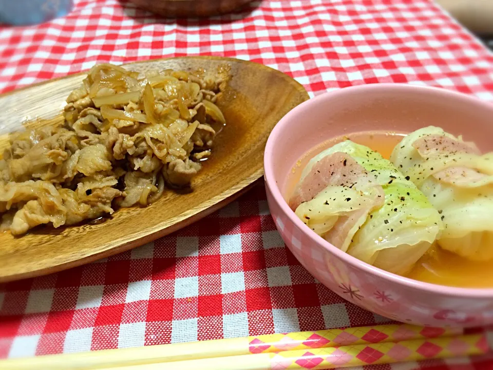 豚肉の甘辛焼き、ロールキャベツ|つぐおさん