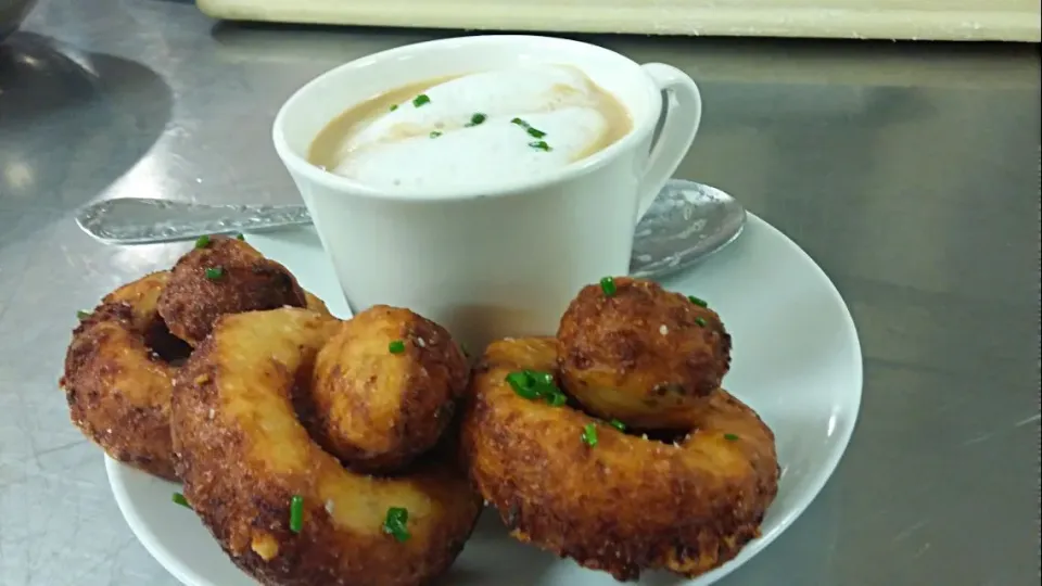 Forest mushroom cappucino with savory chevre beignets|TheEffinChefさん