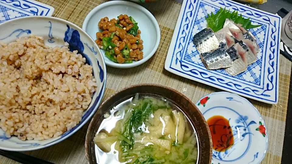 納豆＆鯵酢＆水菜の味噌汁|まぐろさん