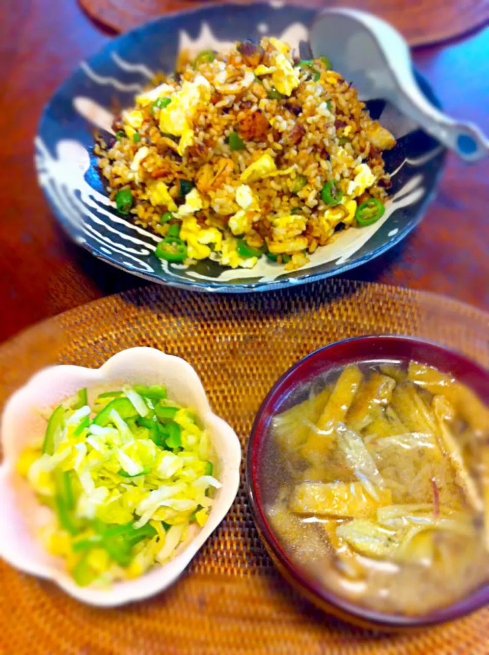 カボチャ入り納豆焼飯、白菜とピーマンの即席漬け、焼き茄子の味噌汁|板坂智夫さん