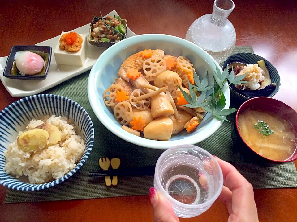 Today's Dinner🍴前菜･小鉢<鶏ﾊﾂと茄子のおろしﾎﾟﾝ酢>･秋野菜の煮物･栗ご飯･大根のお味噌汁|🌈Ami🍻さん