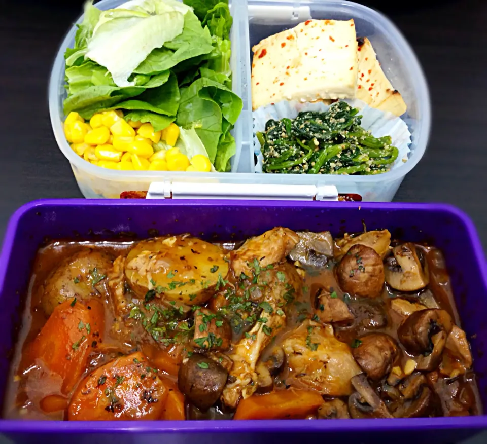 Today's bento - beer braised chicken stew, spinach in sesame dressing, miso grilled tofu and romaine|coxiella24さん