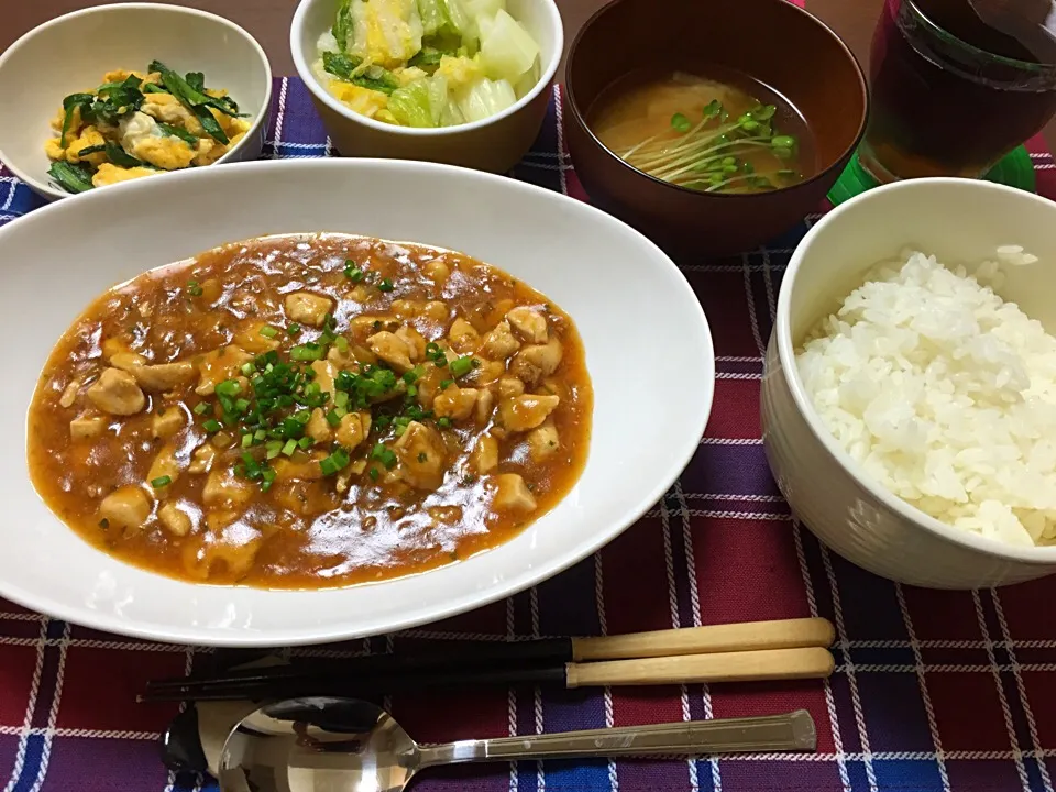 Snapdishの料理写真:鶏肉麻婆。ニラ玉。|kayonさん