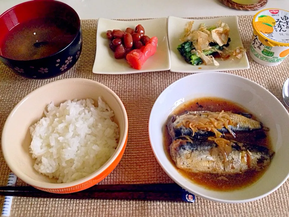 鰯の生姜煮 金時豆 明太子 小松菜お浸し しじみ汁|にゃろめさん