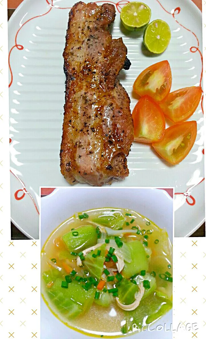 Snapdishの料理写真:grilled liempo#simple taste#black pepper,salt &herbs mix#mang tomas sauce#sotanghon patola soup#Dinner //豚バラ焼き#シンプルの味#春雨　ヒチマスープ@Miki's House|Miki Jorierose Obispoさん