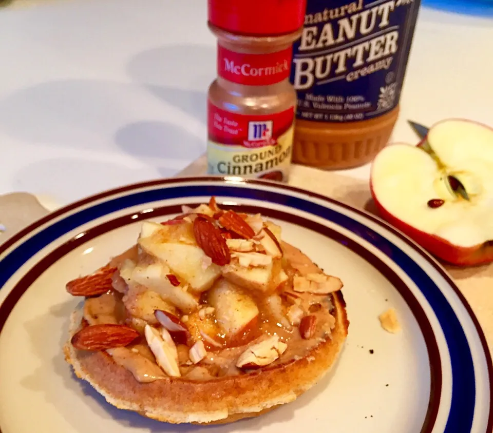 Multi grain waffle with organic peanut butter and "Apple pie filling" topped with almonds|victoria valerioさん