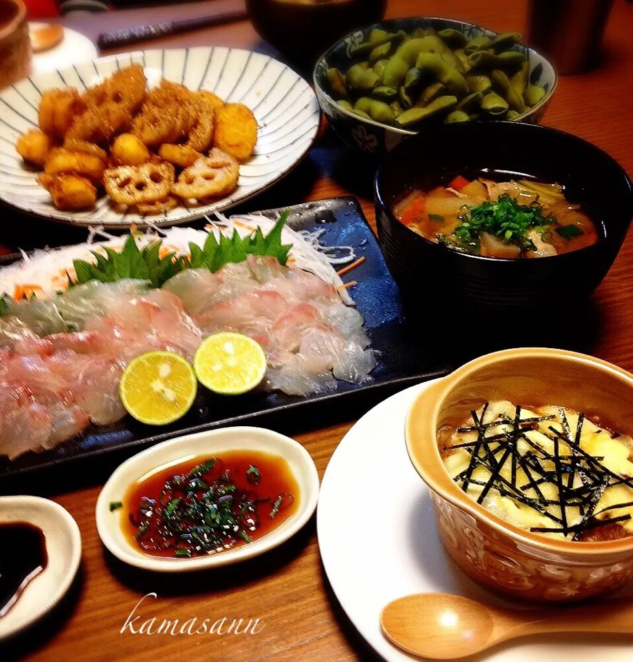 かまさんの料理 さつまいもと蓮根の甘酢醤油・平目のお刺身など…|かまさん