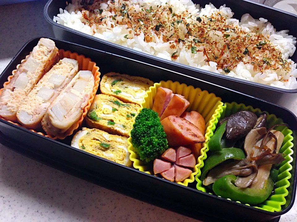 お弁当☆蓮根明太子の豚肉巻き☆ニラ入り卵焼き☆ウィンナー☆ピーマンきのこのバターソテー|Milfeliceさん