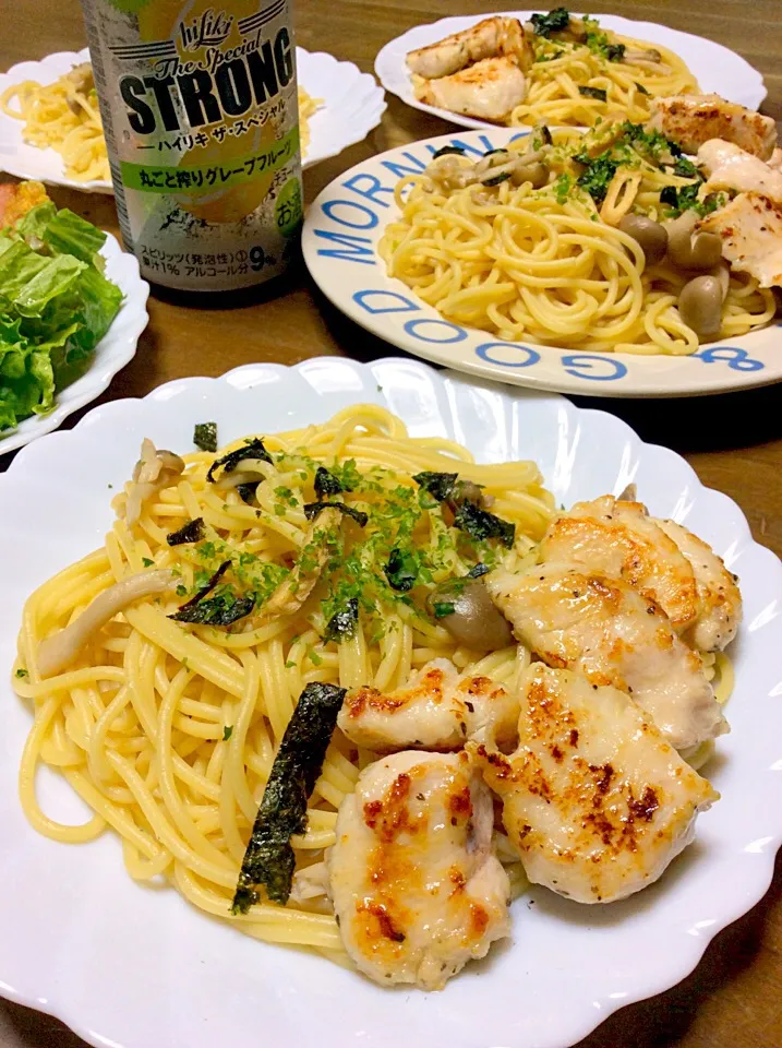 しめじの和風パスタの塩チキ焼き入り♫(^_^)v|Norio Fukudaさん