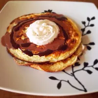 Snapdishの料理写真:Low carb cream cheese pancakes topped with sugar free chocolate sauce and whipped cream|Anna Pazさん