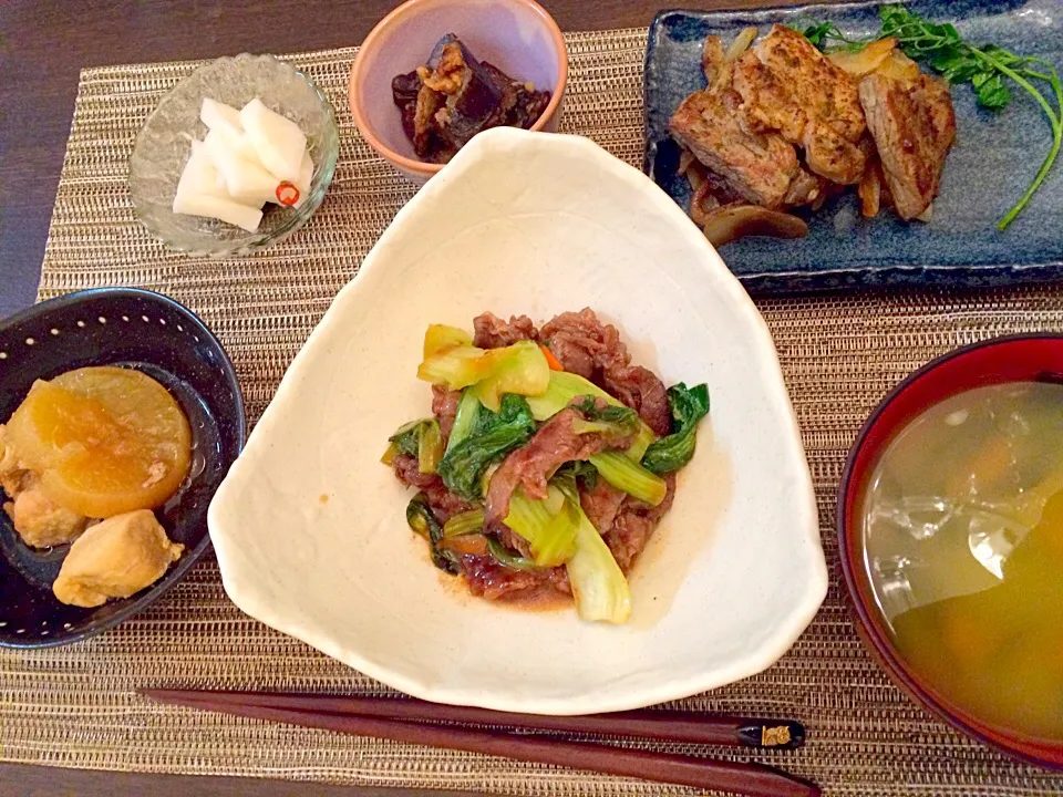 牛肉と青梗菜の炒め物   大根と鶏肉の煮物   大根の漬物   茄子の南蛮炒め   ジャーマンポーク   味噌汁|NAKATAさん