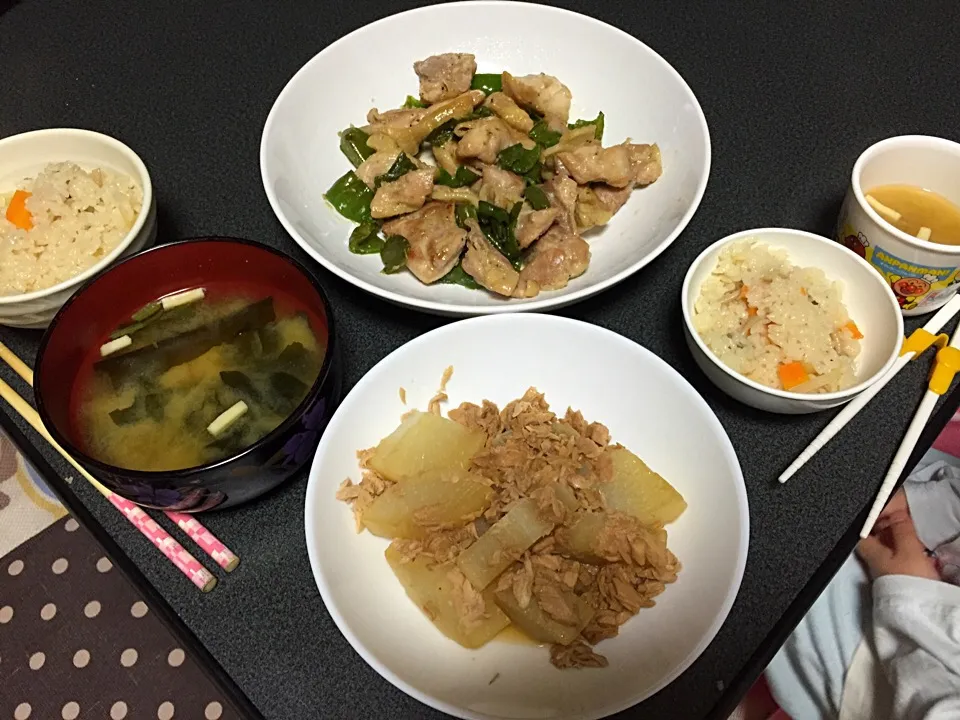 ツナ大根・鶏とピーマン炒め・炊き込みご飯|うるしちかさん