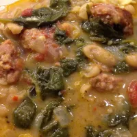 Hot sausage, white bean and spinach soup with baby bow tie egg noodles.|Karen Eichenberger Chambersさん