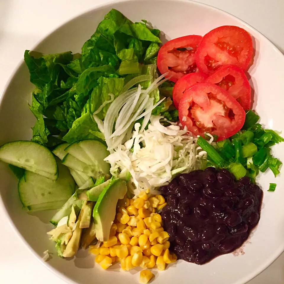 Taco salad: lettuce, tomato, cucumber, avocado, corn, black beans, cabbage, green onion, onion|victoria valerioさん