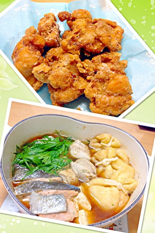 ひとり石狩鍋🍲＆鶏の竜田揚げ 🍺一人でどんだけ食べるんじゃいって竜田揚げは明日のお弁当に入れます〜😁|ちーねーさん