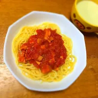 ベーコンとトマトのパスタ・枝豆のスープ|うーさん