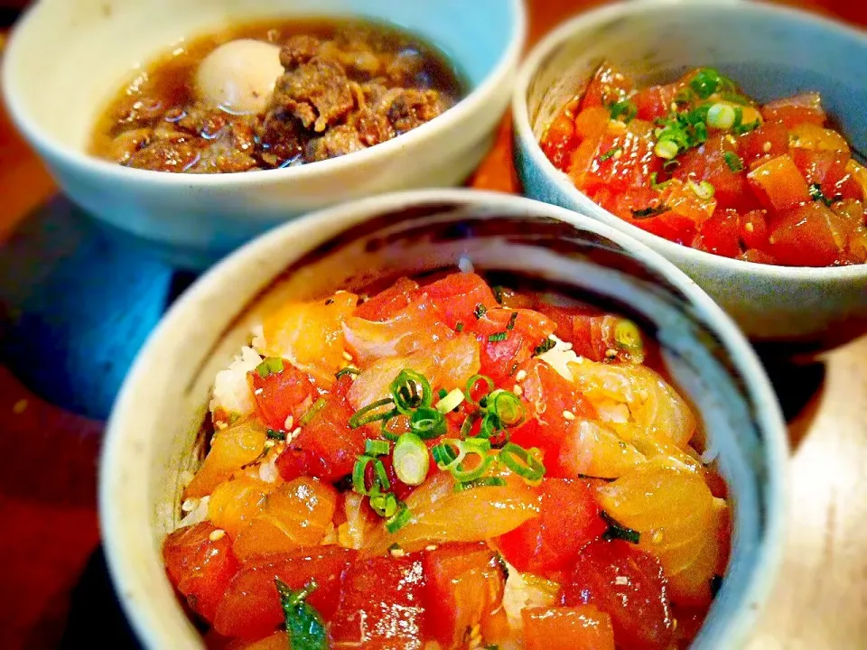 マグロとミーバイのユッケ丼＆ちょっぴん残ったおでん|いちどぅしさん