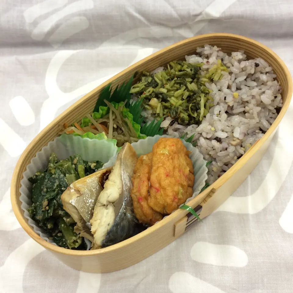 弁当（鯖照り焼き、生姜天、ほうれん草胡麻和え、きんぴら、水菜糠漬け）|SasaMasa213さん