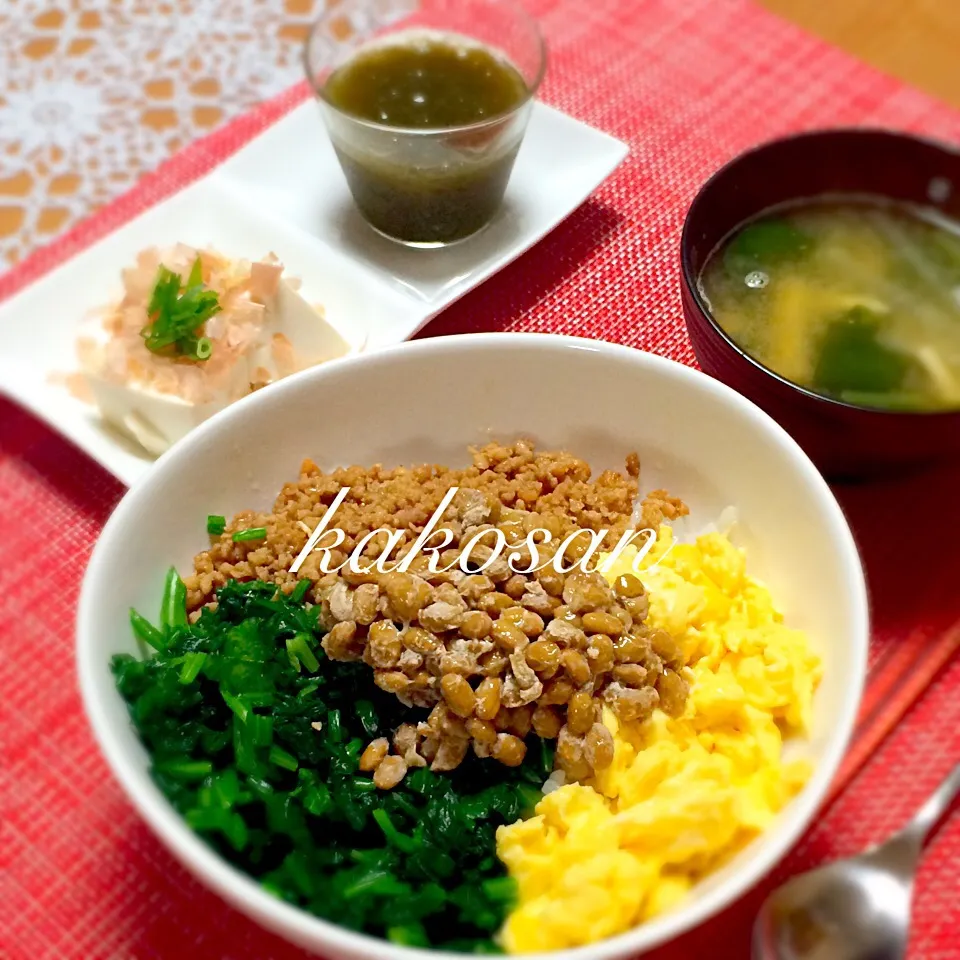 三色丼〜納豆乗せ(^^)|pinkmamaさん