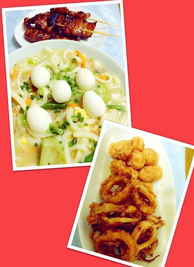 Udon noodles soup,pork BBQ,squid calamari and fried squid balls🍴😋|MJ🇵🇭🇯🇵さん