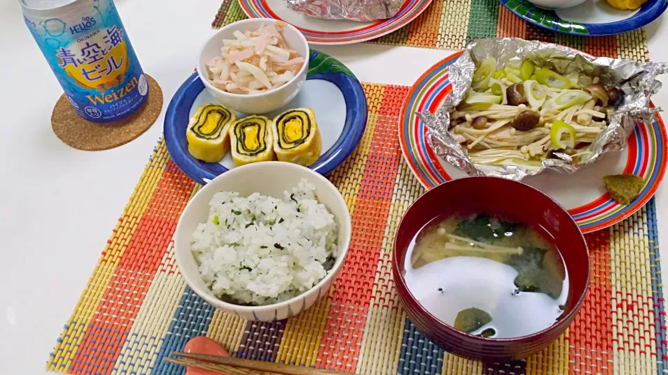 Snapdishの料理写真:今日の夕食 大根とハムのサラダ、海苔入り卵焼き、鰆ときのこの塩麹蒸し、えのきとわかめの味噌汁|pinknari🐰🌈さん