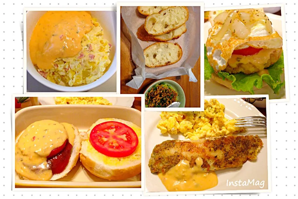 Beef burger, fish, scramble egg, potato salad, french bread|Emmaさん